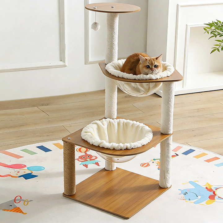 Árbol rascador para gatos rectangular de estilo minimalista moderno en tablero composite, acrílico, terciopelo y sisal, con 2 cuevas, 1 plataforma y 1 pelota de juguete, para sala de estar 
