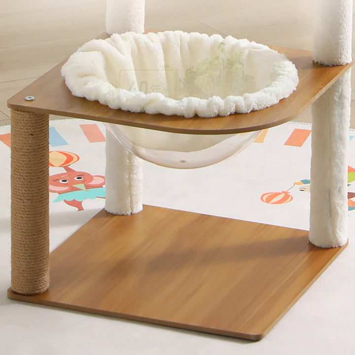 Moderner minimalistischer Katzenbaum aus Verbundplatte, Acryl, Samt und Sisal, rechteckig, mit 2 Höhlen, 1 Liegefläche und 1 Spielball fürs Wohnzimmer 
