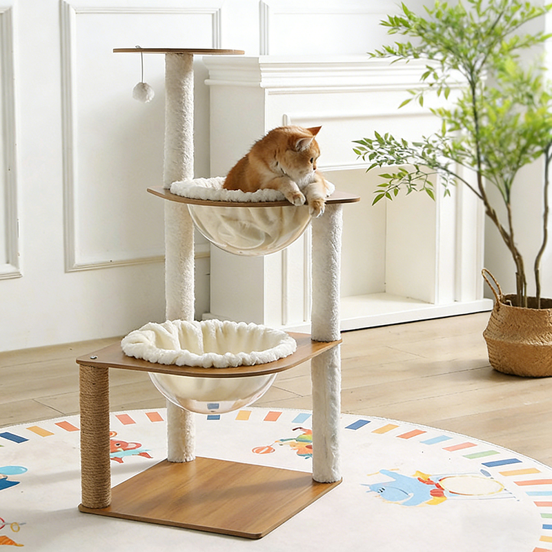 Moderner minimalistischer Katzenbaum aus Verbundplatte, Acryl, Samt und Sisal, rechteckig, mit 2 Höhlen, 1 Liegefläche und 1 Spielball fürs Wohnzimmer 