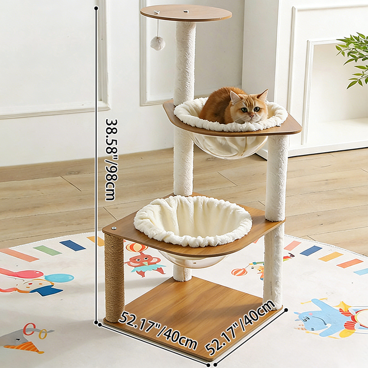 Árbol rascador para gatos rectangular de estilo minimalista moderno en tablero composite, acrílico, terciopelo y sisal, con 2 cuevas, 1 plataforma y 1 pelota de juguete, para sala de estar 