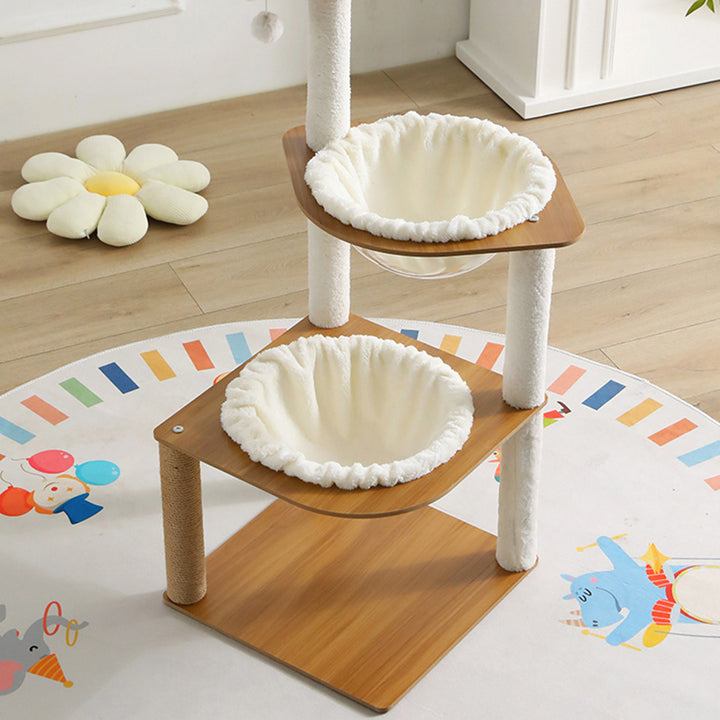 Moderner minimalistischer Katzenbaum aus Verbundplatte, Acryl, Samt und Sisal, rechteckig, mit 2 Höhlen, 1 Liegefläche und 1 Spielball fürs Wohnzimmer 