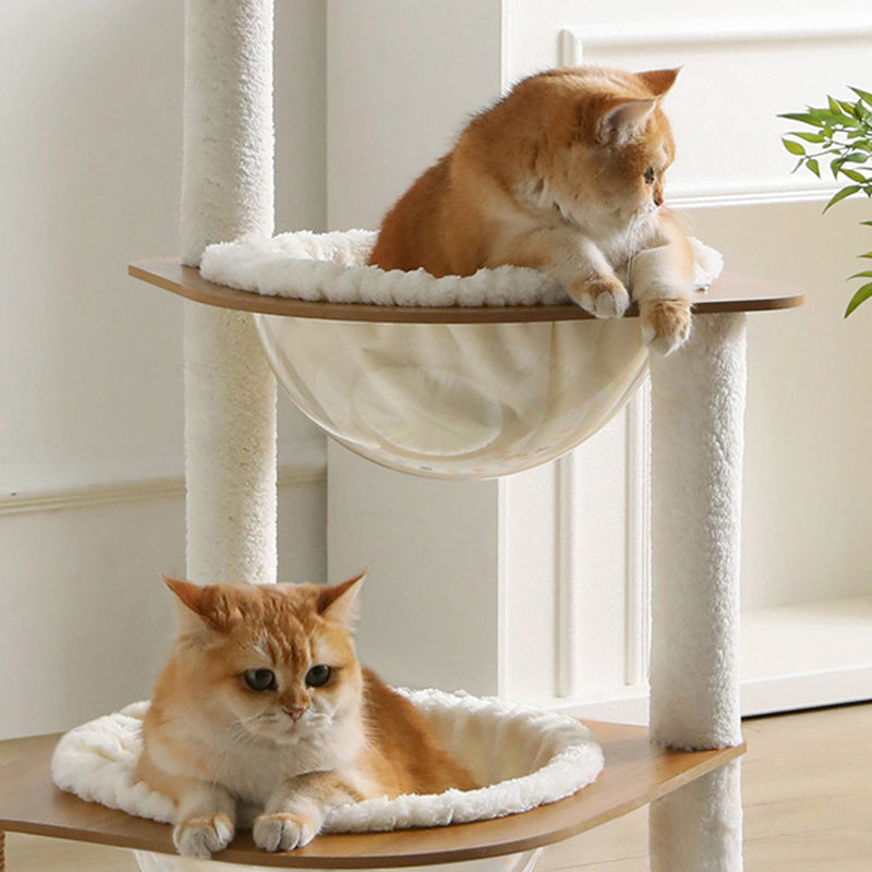 Moderner minimalistischer Katzenbaum aus Verbundplatte, Acryl, Samt und Sisal, rechteckig, mit 2 Höhlen, 1 Liegefläche und 1 Spielball fürs Wohnzimmer 