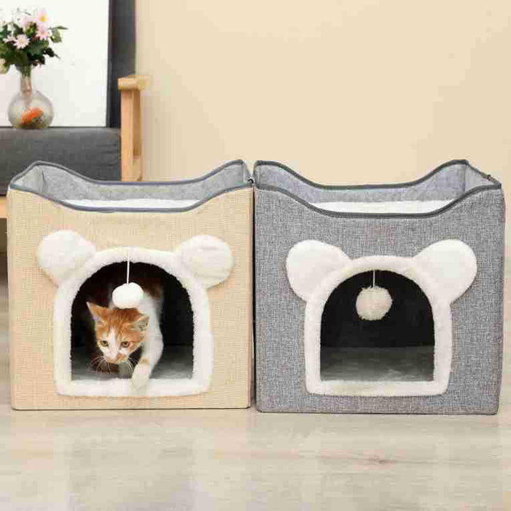 Cama plegable cuadrada para gatos de estilo minimalista moderno en lino, terciopelo, MDF y sisal, casa para mascotas de doble capa para sala de estar y dormitorio 