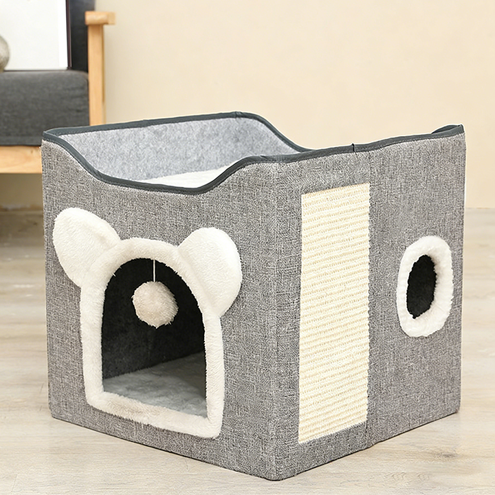 Cama plegable cuadrada para gatos de estilo minimalista moderno en lino, terciopelo, MDF y sisal, casa para mascotas de doble capa para sala de estar y dormitorio 