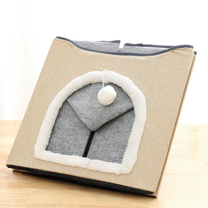 Modern Minimalist Linen Velvet MDF Sisal Square Foldable Cat Bed Double-Layer Pet House For Living Room &amp; Bedroom