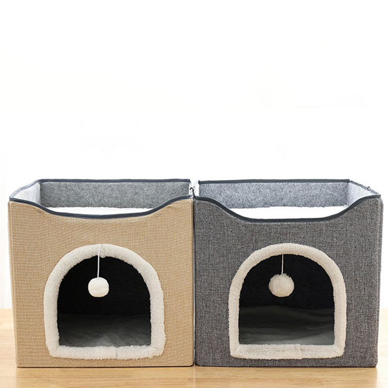 Modern Minimalist Linen Velvet MDF Sisal Square Foldable Cat Bed Double-Layer Pet House For Living Room &amp; Bedroom