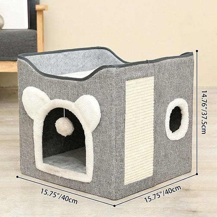 Cama plegable cuadrada para gatos de estilo minimalista moderno en lino, terciopelo, MDF y sisal, casa para mascotas de doble capa para sala de estar y dormitorio 