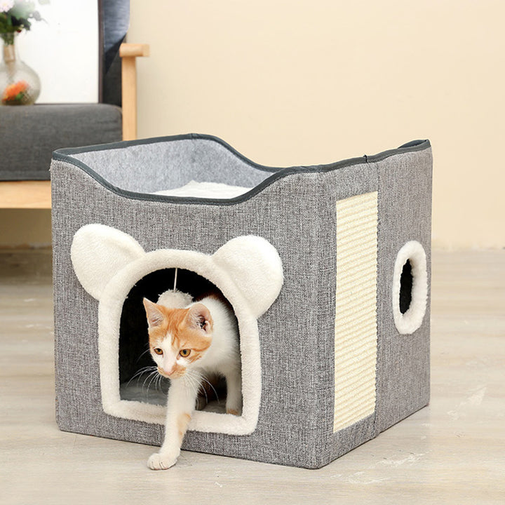 Modern Minimalist Linen Velvet MDF Sisal Square Foldable Cat Bed Double-Layer Pet House For Living Room &amp; Bedroom