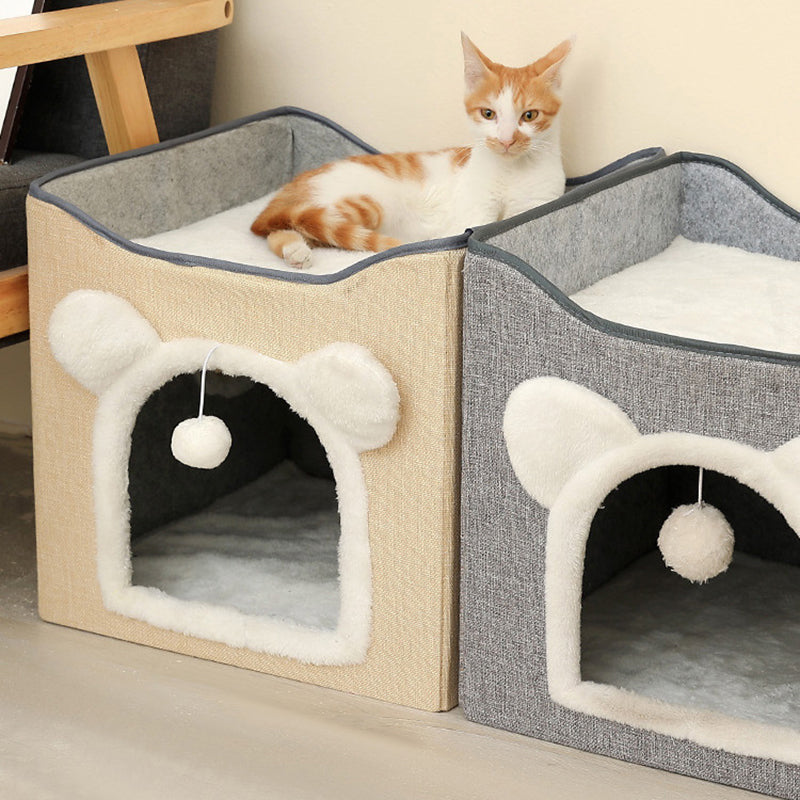 Modern Minimalist Linen Velvet MDF Sisal Square Foldable Cat Bed Double-Layer Pet House For Living Room &amp; Bedroom
