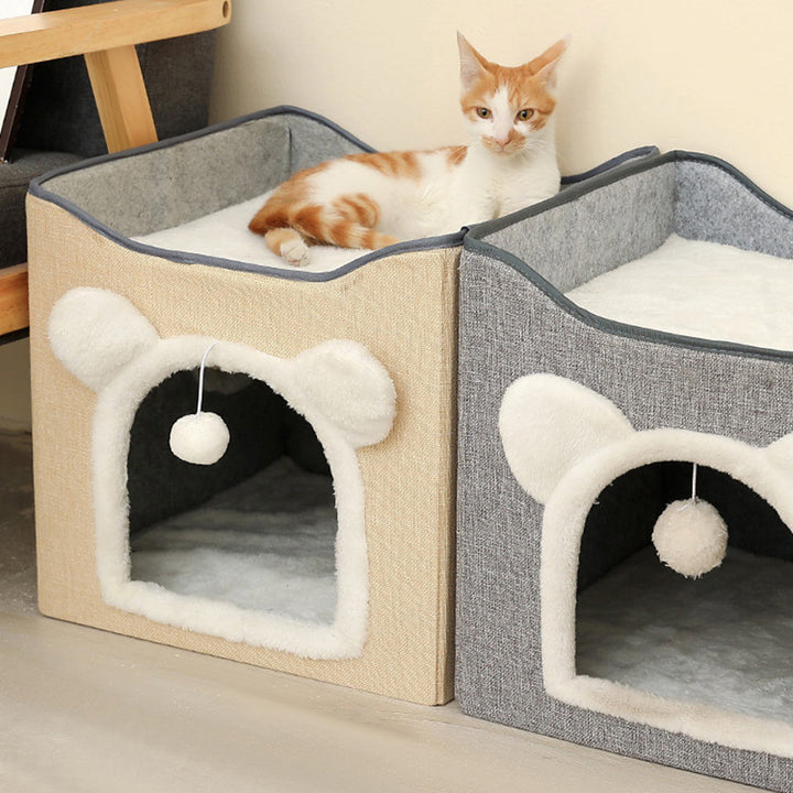 Modern Minimalist Linen Velvet MDF Sisal Square Foldable Cat Bed Double-Layer Pet House For Living Room &amp; Bedroom