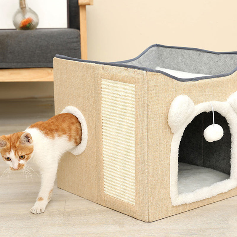 Modern Minimalist Linen Velvet MDF Sisal Square Foldable Cat Bed Double-Layer Pet House For Living Room &amp; Bedroom