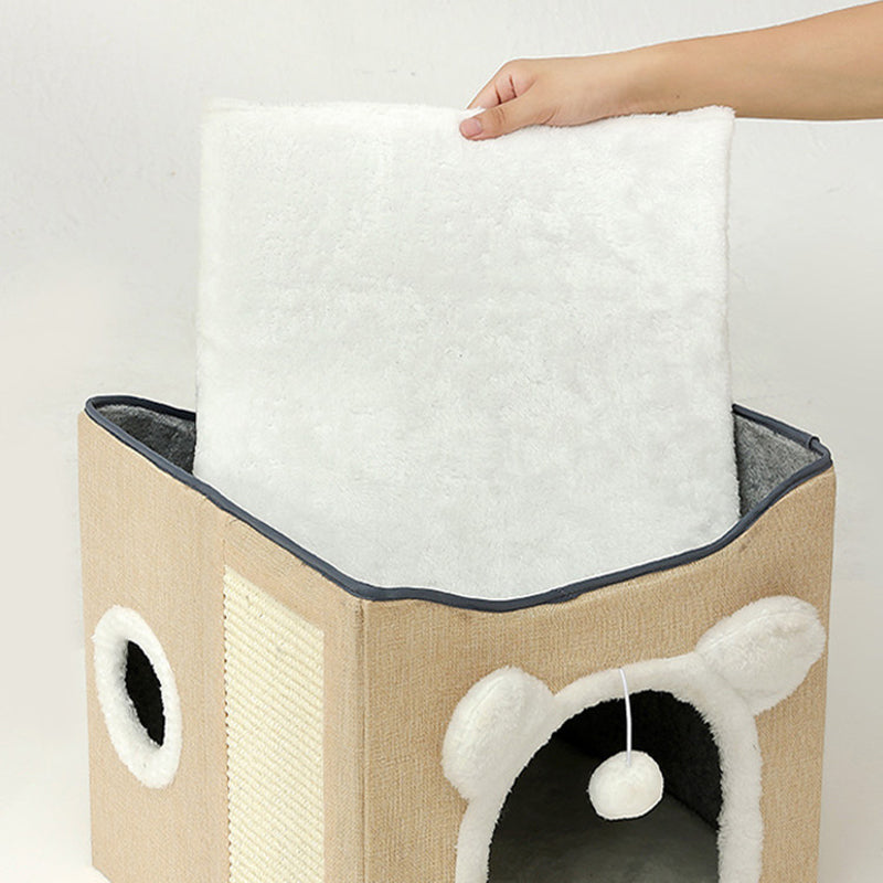Modern Minimalist Linen Velvet MDF Sisal Square Foldable Cat Bed Double-Layer Pet House For Living Room &amp; Bedroom