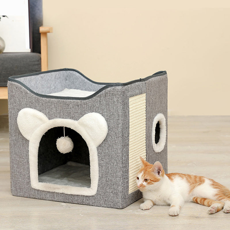 Modern Minimalist Linen Velvet MDF Sisal Square Foldable Cat Bed Double-Layer Pet House For Living Room &amp; Bedroom