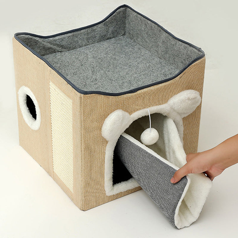 Modern Minimalist Linen Velvet MDF Sisal Square Foldable Cat Bed Double-Layer Pet House For Living Room &amp; Bedroom