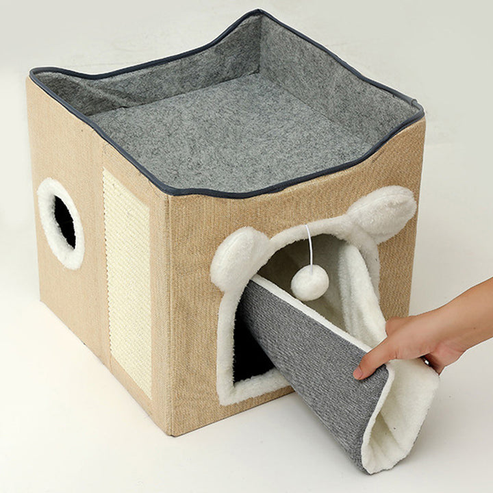 Modern Minimalist Linen Velvet MDF Sisal Square Foldable Cat Bed Double-Layer Pet House For Living Room &amp; Bedroom