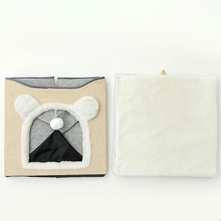 Modern Minimalist Linen Velvet MDF Sisal Square Foldable Cat Bed Double-Layer Pet House For Living Room &amp; Bedroom