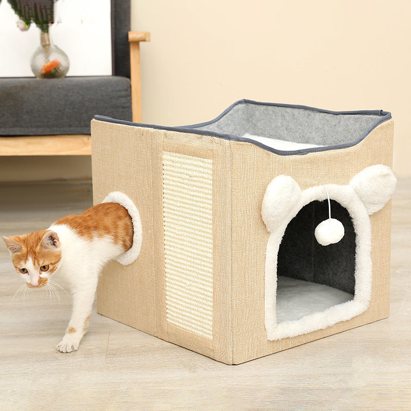 Modern Minimalist Linen Velvet MDF Sisal Square Foldable Cat Bed Double-Layer Pet House For Living Room &amp; Bedroom