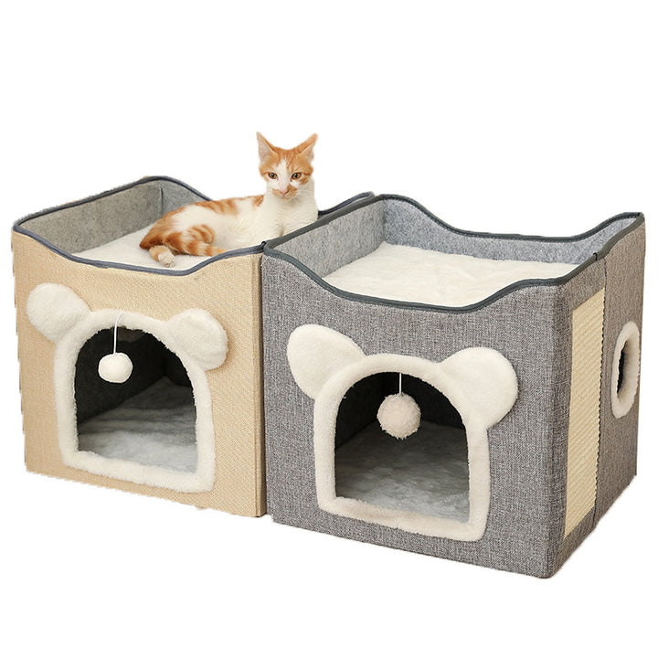 Modern Minimalist Linen Velvet MDF Sisal Square Foldable Cat Bed Double-Layer Pet House For Living Room &amp; Bedroom