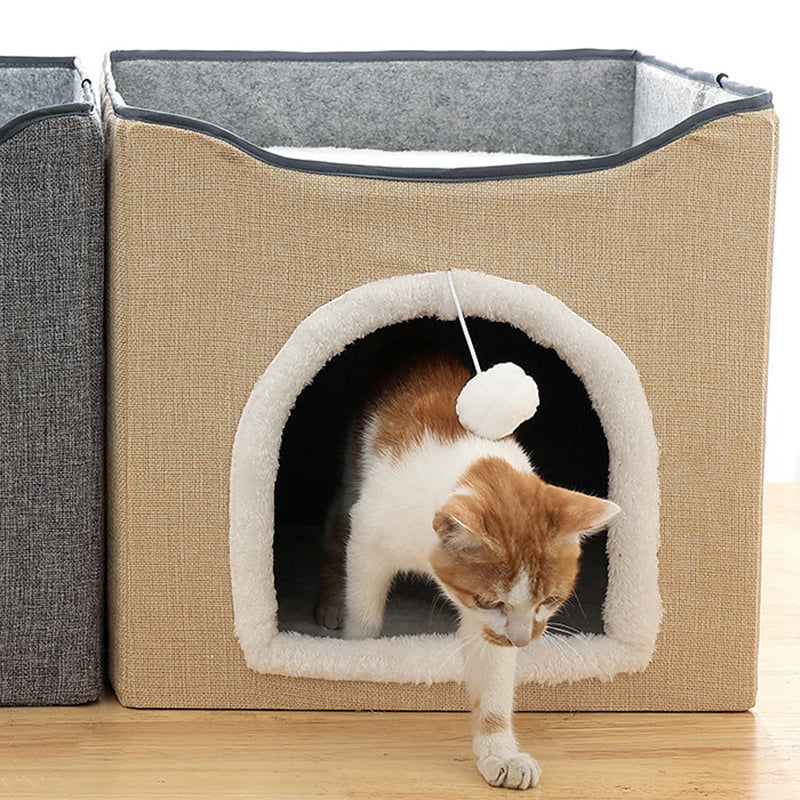 Modern Minimalist Linen Velvet MDF Sisal Square Foldable Cat Bed Double-Layer Pet House For Living Room &amp; Bedroom