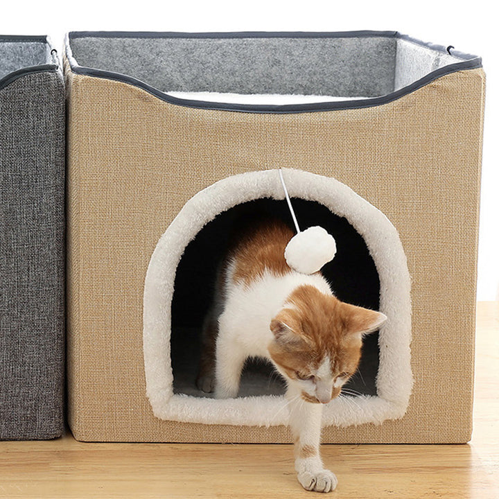 Modern Minimalist Linen Velvet MDF Sisal Square Foldable Cat Bed Double-Layer Pet House For Living Room &amp; Bedroom