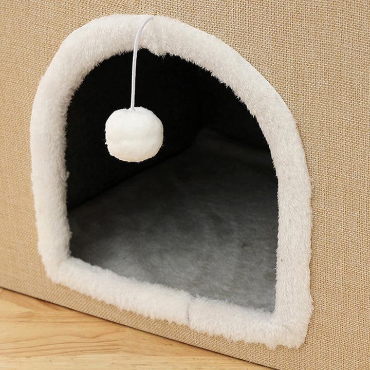 Modern Minimalist Linen Velvet MDF Sisal Square Foldable Cat Bed Double-Layer Pet House For Living Room &amp; Bedroom