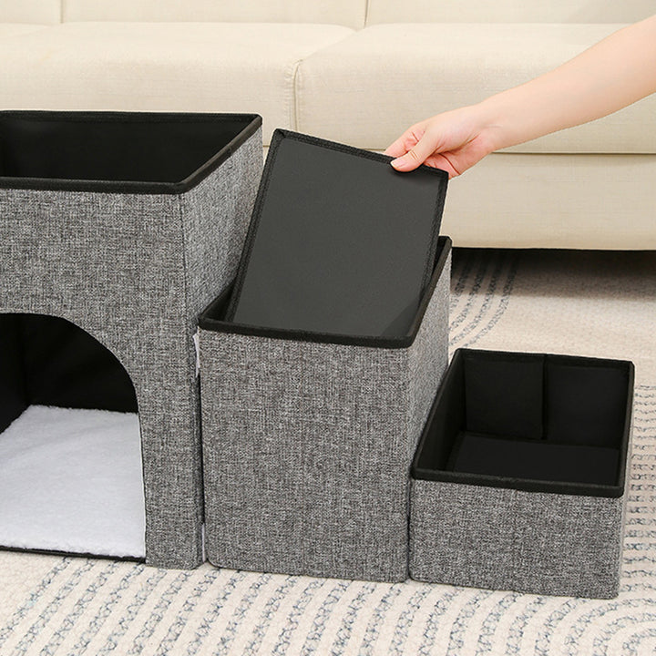 Modern Minimalist Linen Oxford Fabric Lamb Fleece MDF Rectangular Foldable Removable Dog Bed Pet Stair &amp; Storage For Living Room &amp; Bedroom