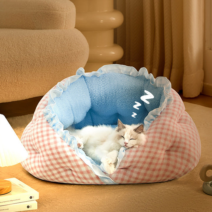 Cama ovalada contemporánea y creativa para gatos, de terciopelo lechoso, felpa suave de algodón y relleno de algodón PP, para sala de estar y dormitorio 