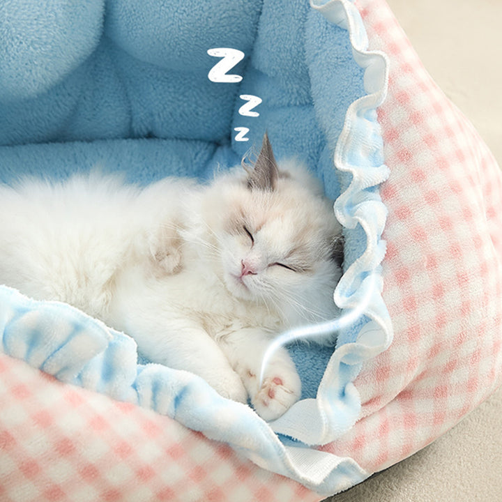 Cama ovalada contemporánea y creativa para gatos, de terciopelo lechoso, felpa suave de algodón y relleno de algodón PP, para sala de estar y dormitorio 