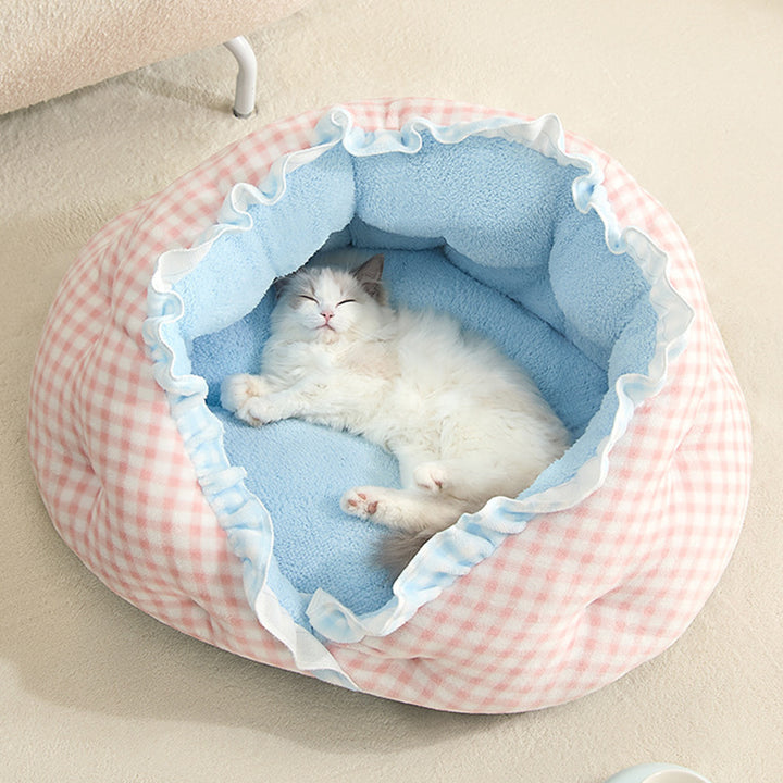 Cama ovalada contemporánea y creativa para gatos, de terciopelo lechoso, felpa suave de algodón y relleno de algodón PP, para sala de estar y dormitorio 