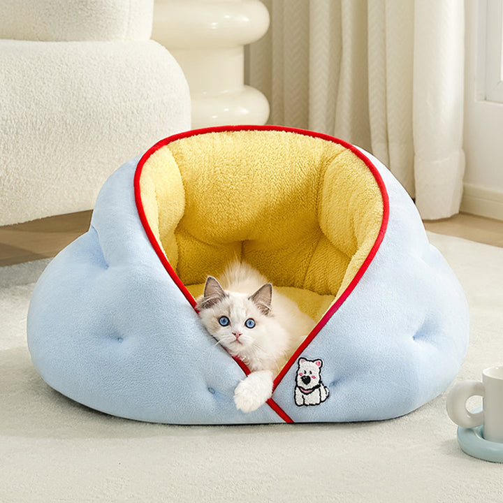 Cama ovalada contemporánea y creativa para gatos, de terciopelo lechoso, felpa suave de algodón y relleno de algodón PP, para sala de estar y dormitorio 