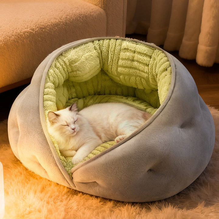 Cama ovalada contemporánea y creativa para gatos, de terciopelo lechoso, felpa suave de algodón y relleno de algodón PP, para sala de estar y dormitorio 