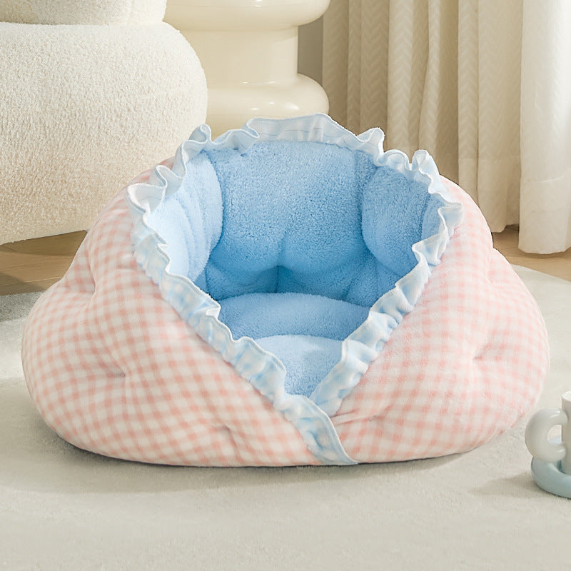 Cama ovalada contemporánea y creativa para gatos, de terciopelo lechoso, felpa suave de algodón y relleno de algodón PP, para sala de estar y dormitorio 