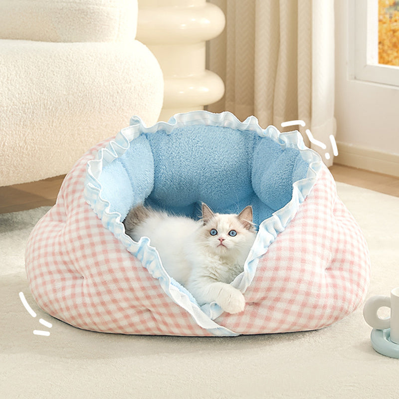 Cama ovalada contemporánea y creativa para gatos, de terciopelo lechoso, felpa suave de algodón y relleno de algodón PP, para sala de estar y dormitorio 