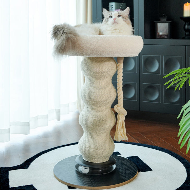 Modern Minimalist Cylindrical Wavy-Patterned Hemp Rope Bamboo Mat Velvet Medium Density Fiberboard Foam Plastic Cat Tree &amp; Condo 1-Scratching Post For Living Room