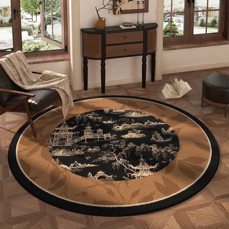Traditional Vintage Round Polyester Fiber Cotton-Linen Printed Non-Slip Rug For Living Room