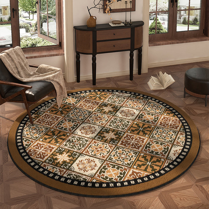 Traditional Vintage Round Polyester Fiber Cotton-Linen Printed Non-Slip Rug For Living Room