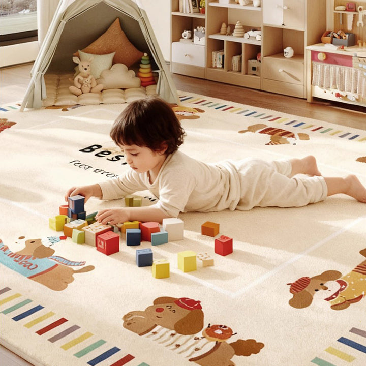 Contemporary Creative Rectangular Faux Cashmere Cotton-Linen Printed Non-Slip Kids Rug For Living Room