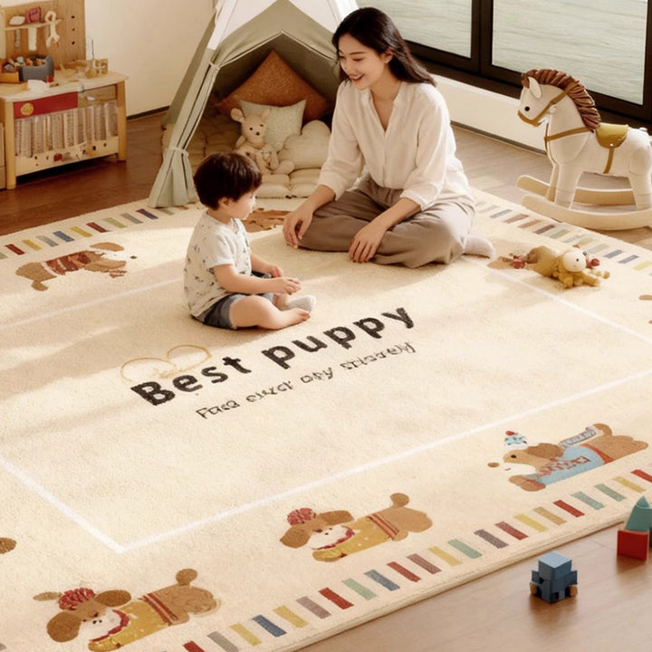 Contemporary Creative Rectangular Faux Cashmere Cotton-Linen Printed Non-Slip Kids Rug For Living Room