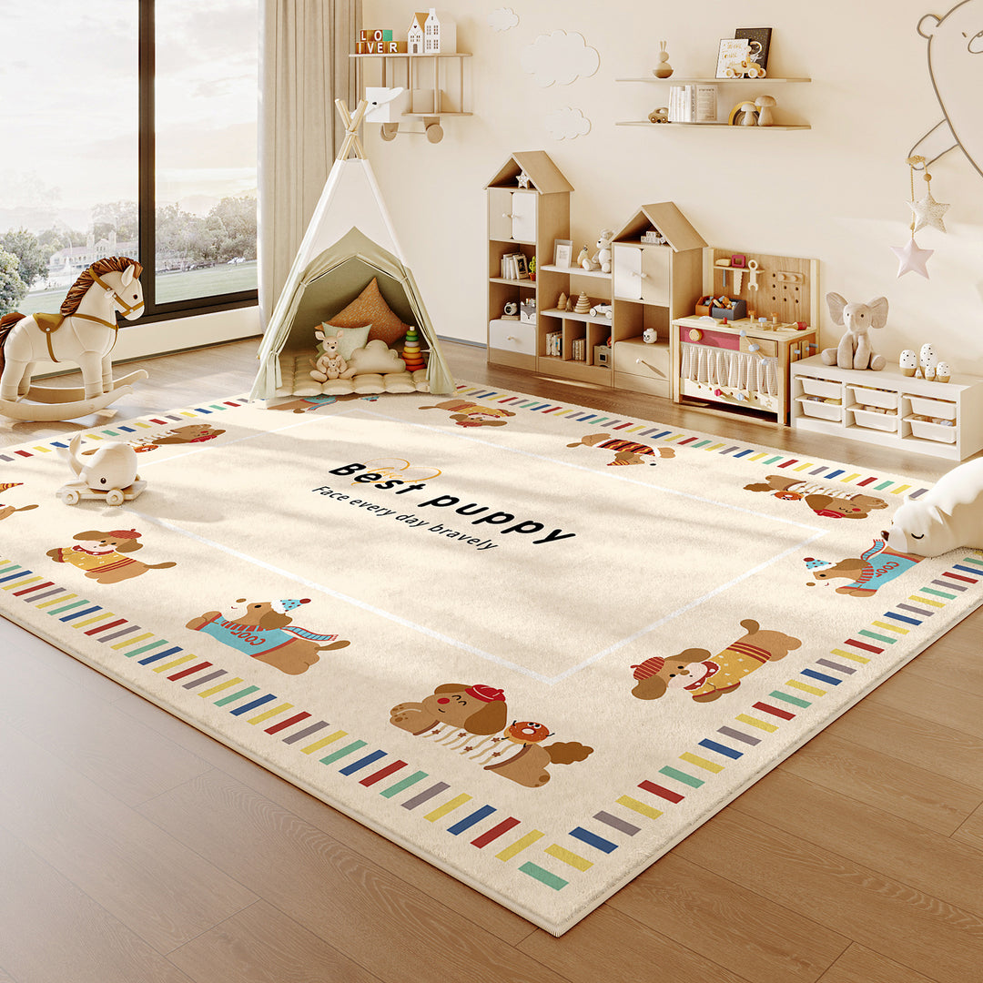 Contemporary Creative Rectangular Faux Cashmere Cotton-Linen Printed Non-Slip Kids Rug For Living Room