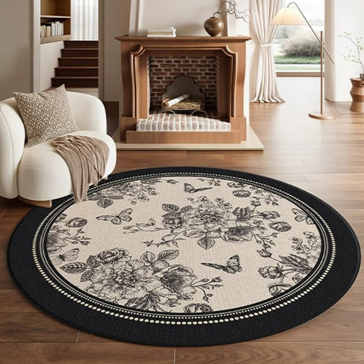 Traditional French Round Polyester Fiber Dotted Plastic Cotton-Linen Printed Non-Slip Rug For Living Room