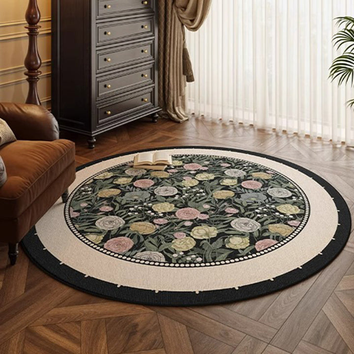 Traditional French Round Polyester Fiber Dotted Plastic Cotton-Linen Printed Non-Slip Rug For Living Room