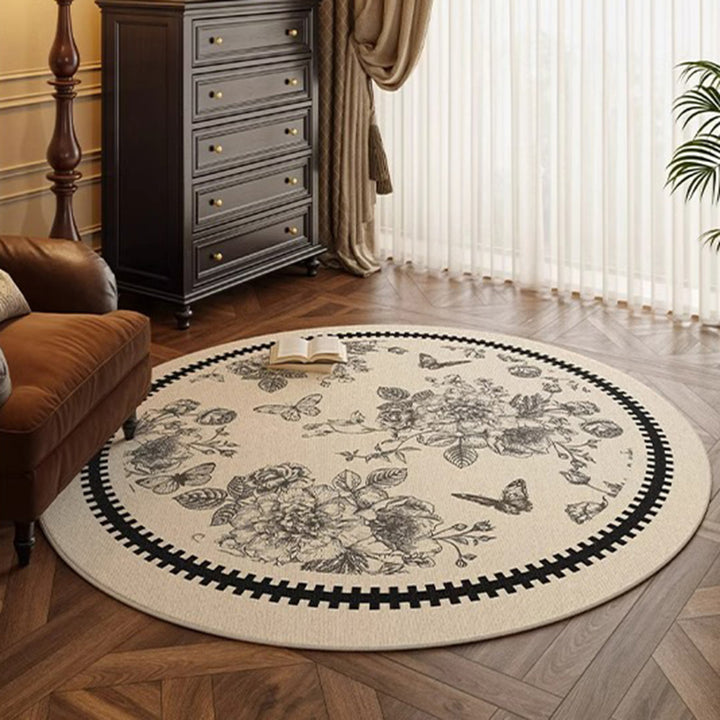 Traditional French Round Polyester Fiber Dotted Plastic Cotton-Linen Printed Non-Slip Rug For Living Room