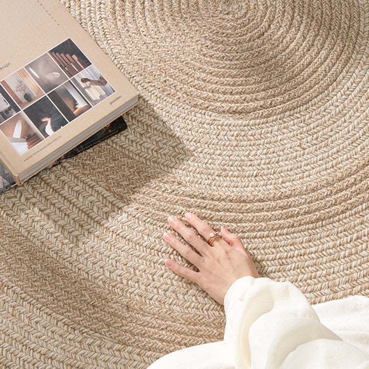 Traditional Japanese Round Wool Jute Blend Non-Slip Hand-Woven Textured Weave Rug For Living Room