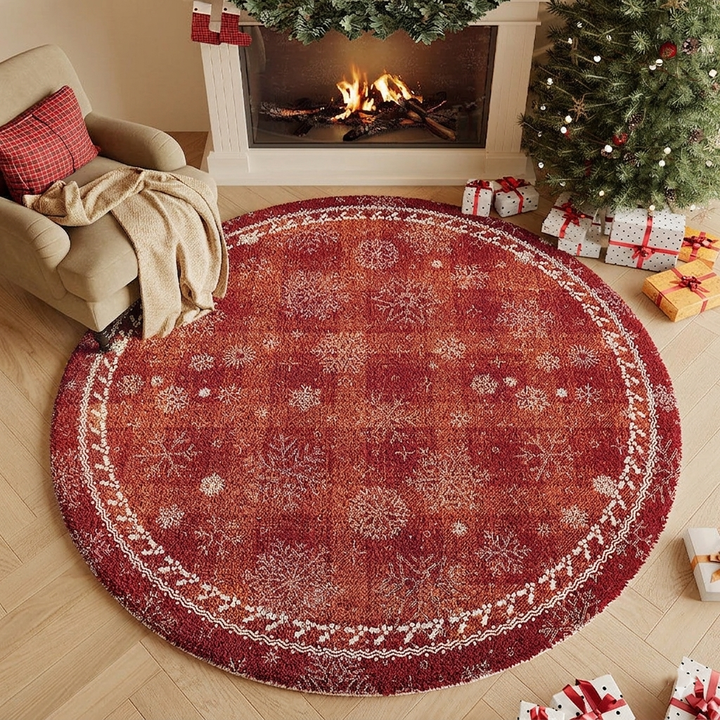 Contemporary Creative Round Faux Cashmere Dotted Plastic Cotton Linen Printed Christmas Rug For Living Room