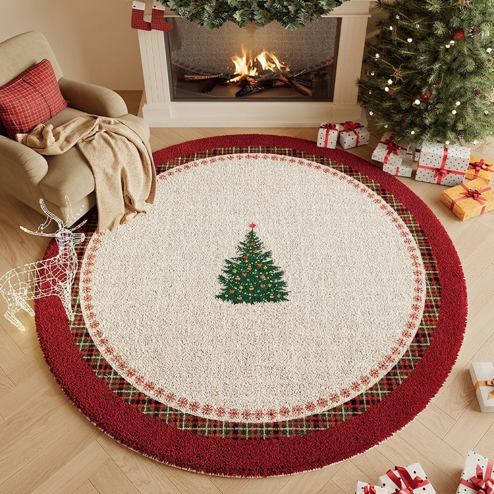 Contemporary Creative Round Faux Cashmere Dotted Plastic Cotton Linen Printed Christmas Rug For Living Room