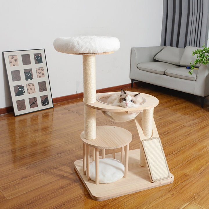 Zeitgenössischer skandinavischer runder Kautschukbaum Massivholz Acryl Samtstoff Sisal Katzbaum 3-stufig für Wohnzimmer 