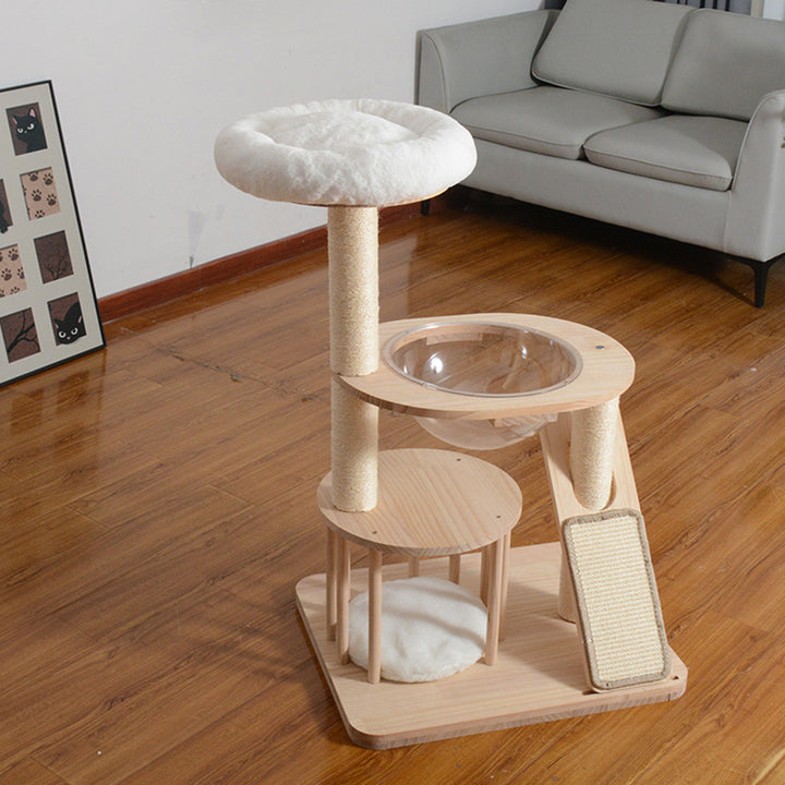 Zeitgenössischer skandinavischer runder Kautschukbaum Massivholz Acryl Samtstoff Sisal Katzbaum 3-stufig für Wohnzimmer 