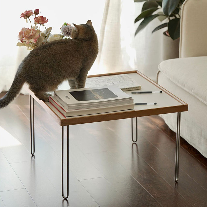 Table basse contemporaine nordique carrée en bois massif et acier inoxydable, 1 niveau, pour salon 