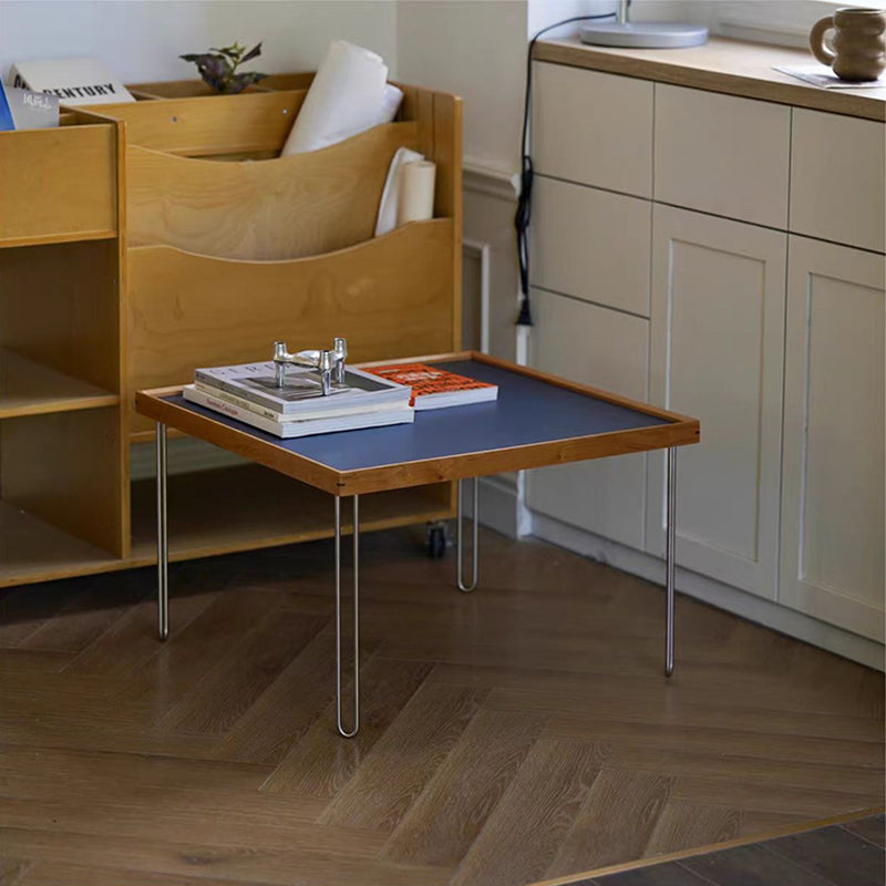 Table basse contemporaine nordique carrée en bois massif et acier inoxydable, 1 niveau, pour salon 