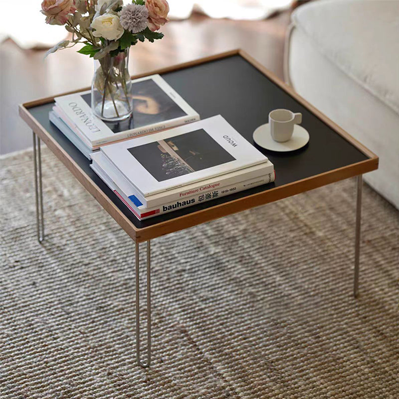 Table basse contemporaine nordique carrée en bois massif et acier inoxydable, 1 niveau, pour salon 